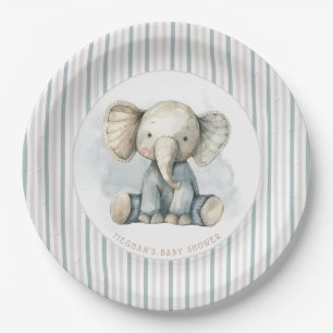 Assiettes En Carton Petit Éléphant aux Rayures Bleues Baby Shower