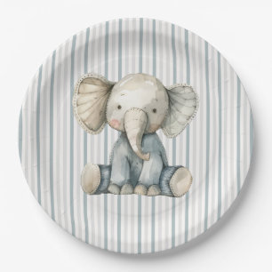 Assiettes En Carton Petit Eléphant d'arachide Baby shower bleu rayé