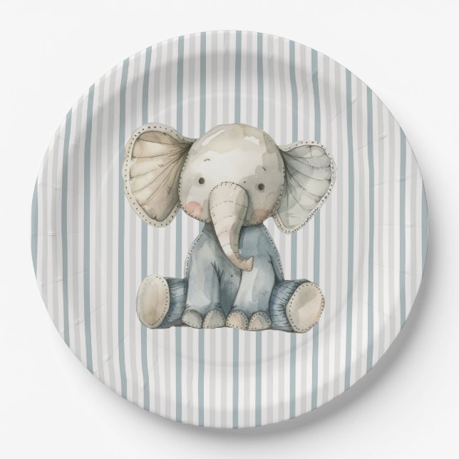 Assiettes En Carton Petit Eléphant d'arachide Baby shower bleu rayé (Devant)