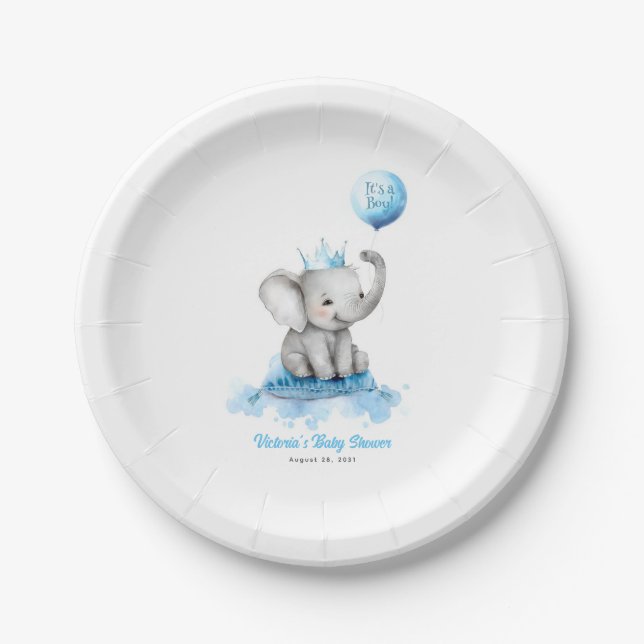Assiettes En Carton Petit éléphant Prince mignon Baby shower bleu (Devant)