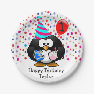 Assiettes En Carton Petit-enfant, 1er joyeux pingouin d'anniversaire