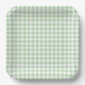 Assiettes En Carton Petit Gingham Vert Pâle et Blanc