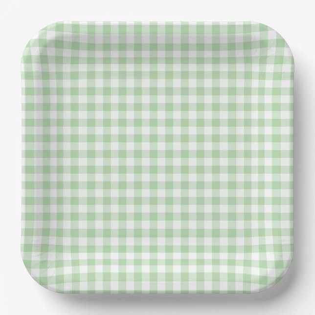 Assiettes En Carton Petit Gingham Vert Pâle et Blanc (Recto)