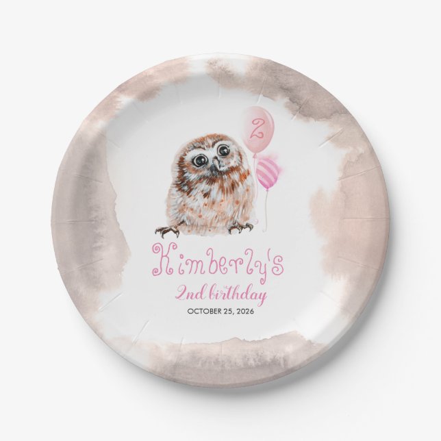 Assiettes En Carton Petit hibou mignon rose Anniversaire (Devant)