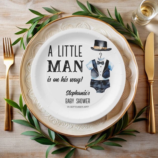 Assiettes En Carton Petit homme baby shower noir tuxedo monogrammed (Little man baby shower cute black tuxedo hat monogrammed paper plates personalized table decor)