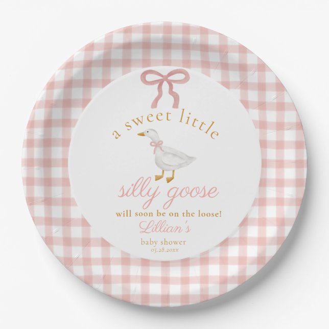 Assiettes En Carton Petit Oie Folle Rose Gingham Baby Shower (Devant)