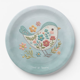 Assiettes En Carton Petit Oiseau Bleu Fleurs Roses Plaque en Papier