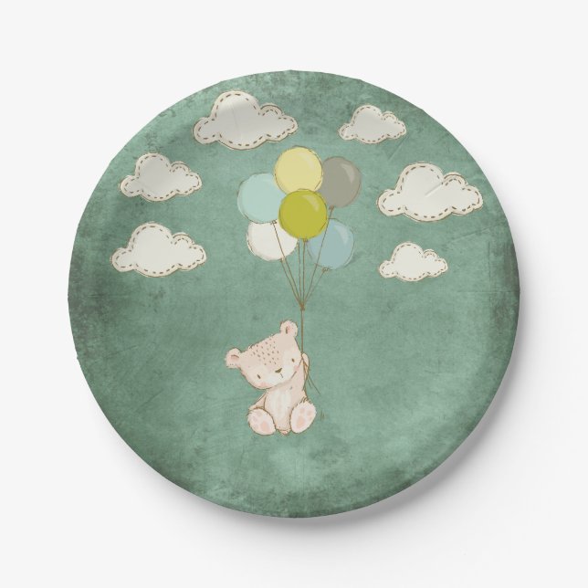 Assiettes En Carton Petit Ours blanc avec ballons et nuages (Devant)