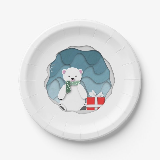 Assiettes En Carton Petit Ours blanc Whimsical avec présence rouge (Devant)
