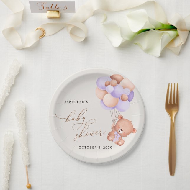 Assiettes En Carton Petit Ours, Ourson Mignon, Ballons Violets, Fête P (Mariage)