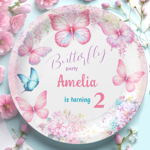 Assiettes En Carton Petit Papillon rose florale Fille d'été Anniversai