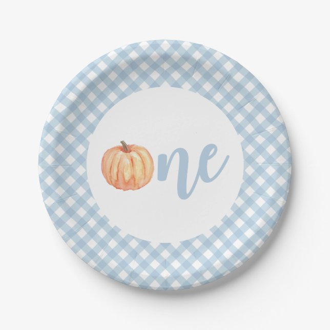 Assiettes En Carton Petit pastel Citrouille bleu plaid premier anniver (Devant)