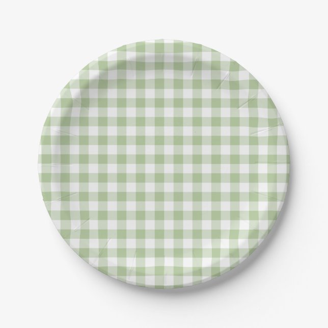 Assiettes En Carton Petit Sage et Gingham Blanc (Devant)