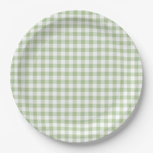 Assiettes En Carton Petit Sage et Gingham Blanc (Devant)