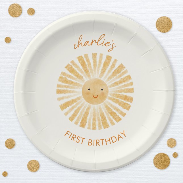 Assiettes En Carton Petit soleil premier anniversaire Personnalisé (Little Sunshine happy watercolor personalized name first birthday party paper plates)