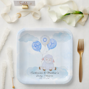 Assiettes En Carton Petite agneau bleu dans un ballon à air chaud