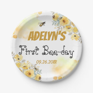 Assiettes En Carton Petite Aquarelle Florale de Miel Abeille 1er Anniv