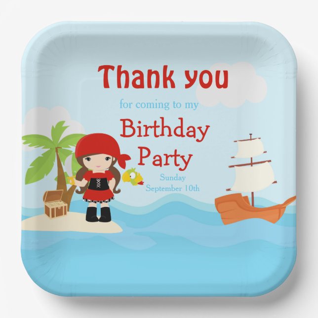 Assiettes En Carton Petite Brunette Pirate Girl en rouge Anniversaire (Recto)