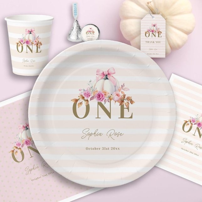 Assiettes En Carton Petite Citrouille Bow Roses 1er Anniversaire Éléga (our little pumpkin pink bow fall leaves girl first birthday paper plate watercolor elegant chic)