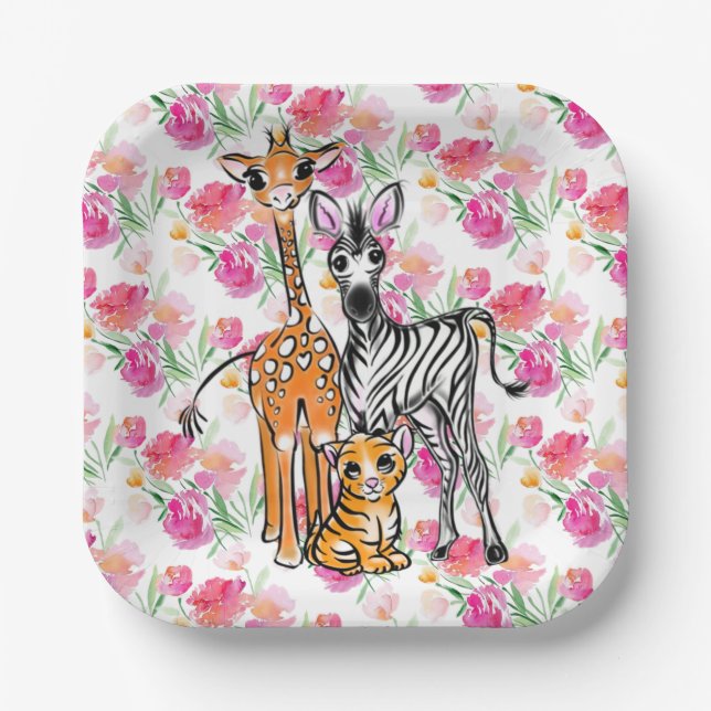 Assiettes En Carton Petite fille amis Safari, girafe, zèbre, tigre (Recto)