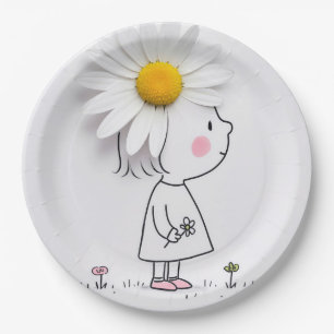 Assiettes En Carton Petite fille avec une marguerite blanche sur la tê