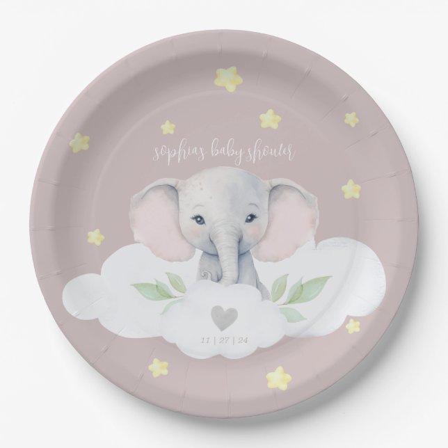 Assiettes En Carton Petite fille d'arachide Baby shower Eléphant rose (Devant)