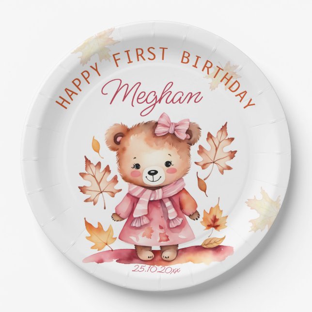 Assiettes En Carton Petite fille en peluche ours anniversaire vaissell (Devant)