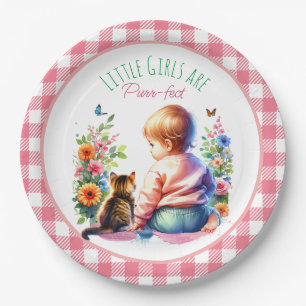 Assiettes En Carton Petite fille et chaton   Baby shower aquarelle