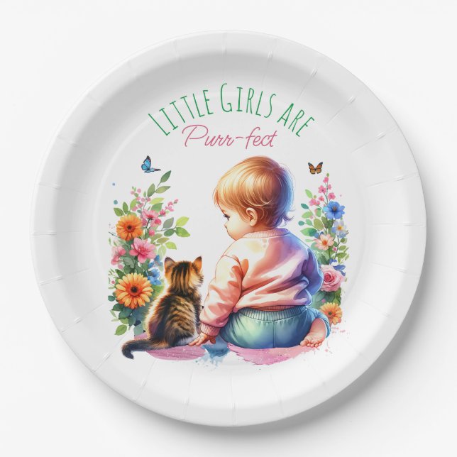 Assiettes En Carton Petite fille et chaton | Baby shower aquarelle (Devant)