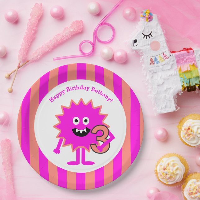 Assiettes En Carton Petite fille Monster 3e anniversaire mignon rose o (Fête)