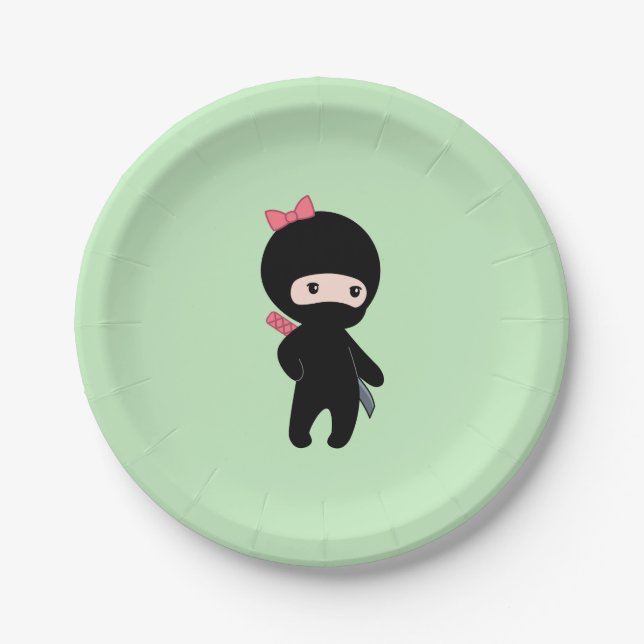 Assiettes En Carton Petite fille Ninja en vert (Devant)