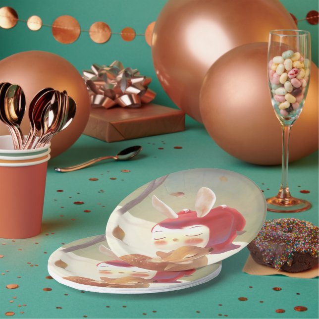 Assiettes En Carton Petite fille qui serre des cerfs (Multi)