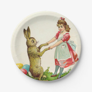 Assiettes En Carton Petite fille vintage Danse avec lapin Oeuf de Pâqu