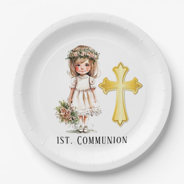 Assiettes En Carton Petite mignonne fille 1ère communion (Devant)