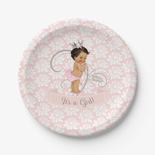 Assiettes En Carton Petite Princesse Bébée Fille Blush rose & Argent (Devant)