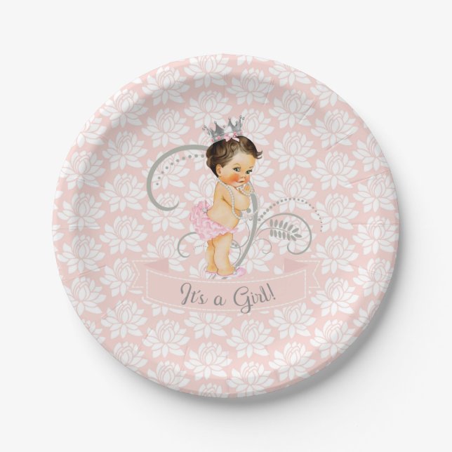 Assiettes En Carton Petite Princesse Bébée Fille Blush rose & Argent (Devant)