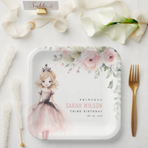 Assiettes En Carton Petite princesse rose Rose Floral Anniversaire