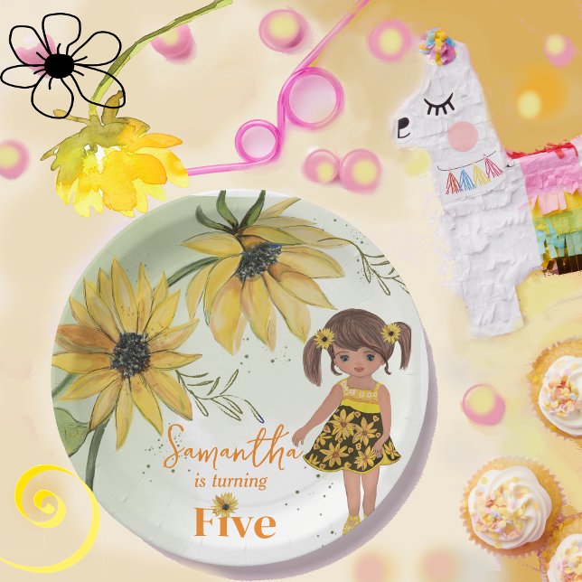 Assiettes En Carton Petite Tournesol Aquarelle Cinquième Fille Anniver (Little Sunflower Watercolor Fifth Girl Birthday Paper Plates)