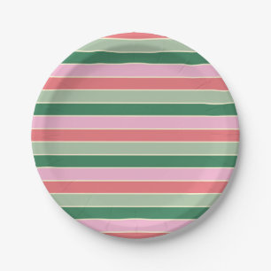 Assiettes En Carton Petites bandes de corail, rose et vert