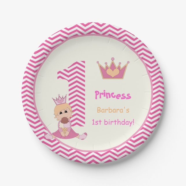 Assiettes En Carton Petites filles princesses 1er anniversaire chevron (Devant)