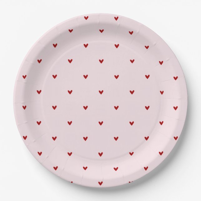 Assiettes En Carton Petits cœurs rouges Saint-Valentin rose (Devant)