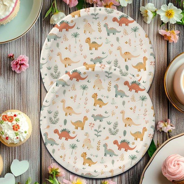 Assiettes En Carton Petits Dinosaures Beige Neutre Tons (Créateur téléchargé)