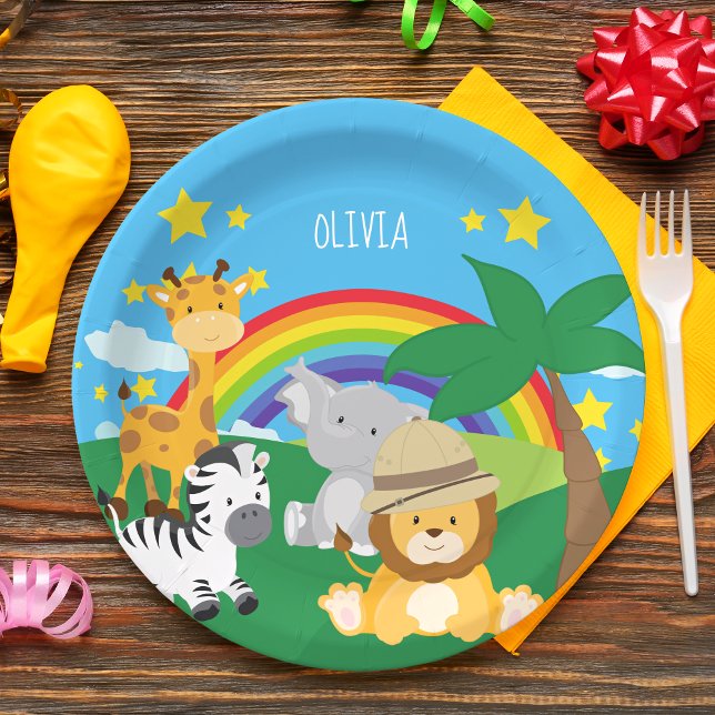 Assiettes En Carton Petits enfants Safari Jungle Animaux et prénom (Créateur téléchargé)
