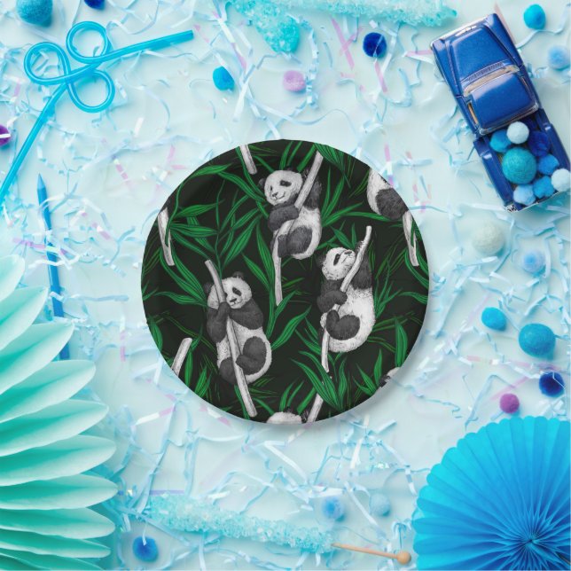 Assiettes En Carton Petits panda sur vert foncé (Fête)