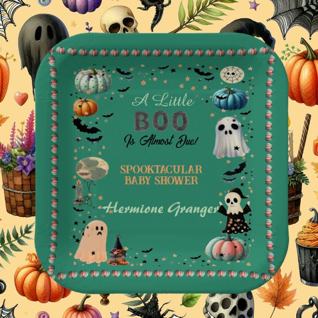 Assiettes En Carton Peu de BOO est dû Citrouille  Éffrayant Baby showe (Little BOO Is Due Ghost Pumpkin Spooky Baby Shower Paper Plates)