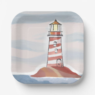 Assiettes En Carton Phare Classique Aquarelle Côtière Océanique