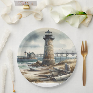 Assiettes En Carton Phare côtier rustique pour mariage sur la plage