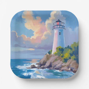 Assiettes En Carton Phare côtier   Vagues de l'océan bleu mer