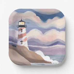 Assiettes En Carton Phare de bord de mer Peinture à l'aquarelle de l