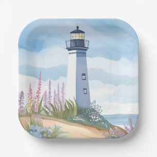Assiettes En Carton Phare en fleurs   Fleurs aquarelles côtières